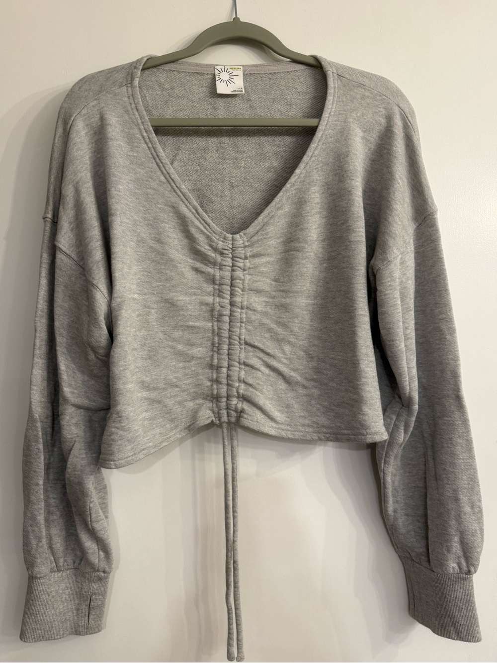Drawstring Ruched V-Neck Crop Sweatshirt - Picture 3 of 4